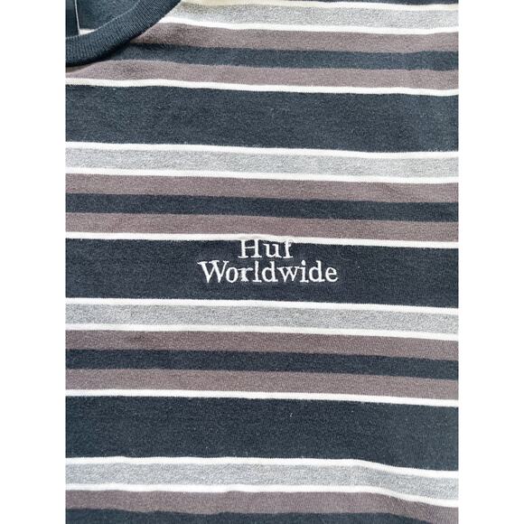 Men's Huf Worldwide Striped Black and Gray Cotton T-Shirt Size L - Picture 2 of 8